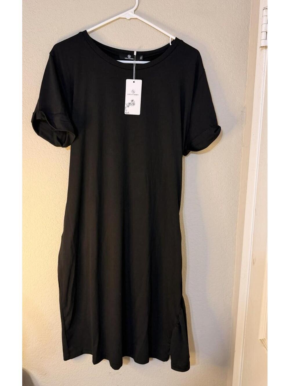 Lillusory Knit Cotton T-Shirt Midi Dress Black Tie Accent Short Sleeve XL. S184